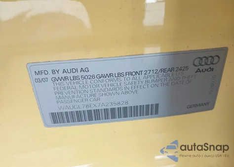 2007 Audi S4 4.2 z USA, uszkodzony, nr VIN WAUGL78EX7A235828